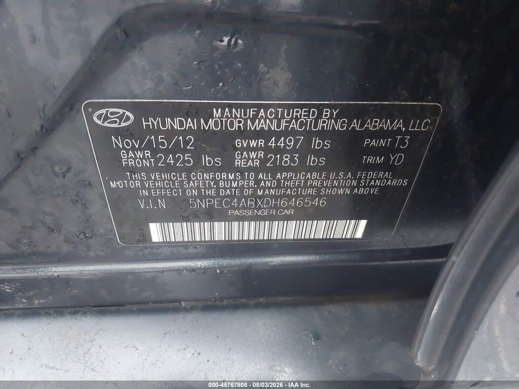 5NPEC4ABXDH646546 2013 HYUNDAI SONATA photo no. 9