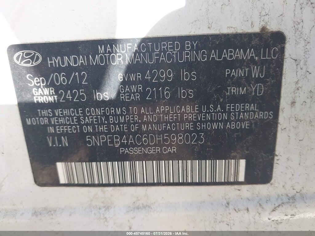 5NPEB4AC6DH598023 2013 HYUNDAI SONATA photo no. 9
