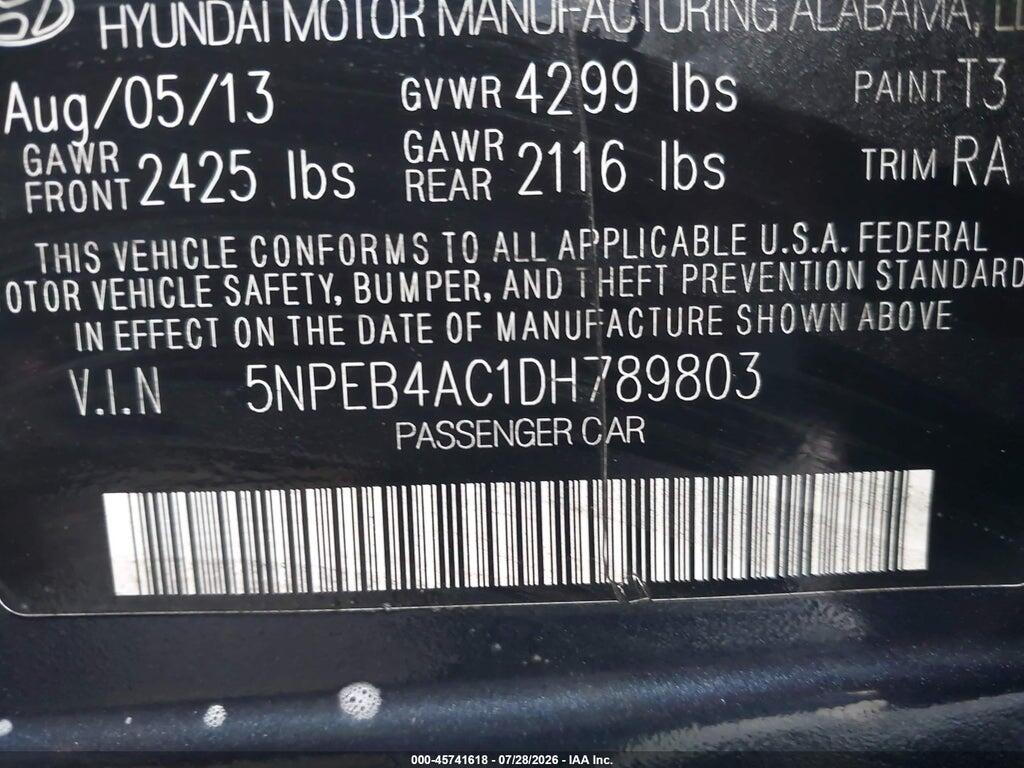 5NPEB4AC1DH789803 2013 HYUNDAI SONATA photo no. 9