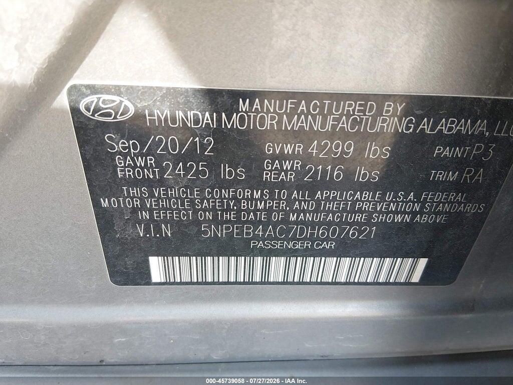 5NPEB4AC7DH607621 2013 HYUNDAI SONATA photo no. 9