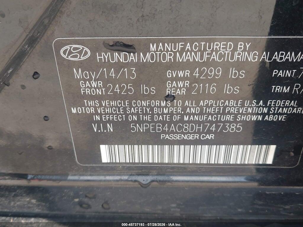 5NPEB4AC8DH747385 2013 HYUNDAI SONATA photo no. 9