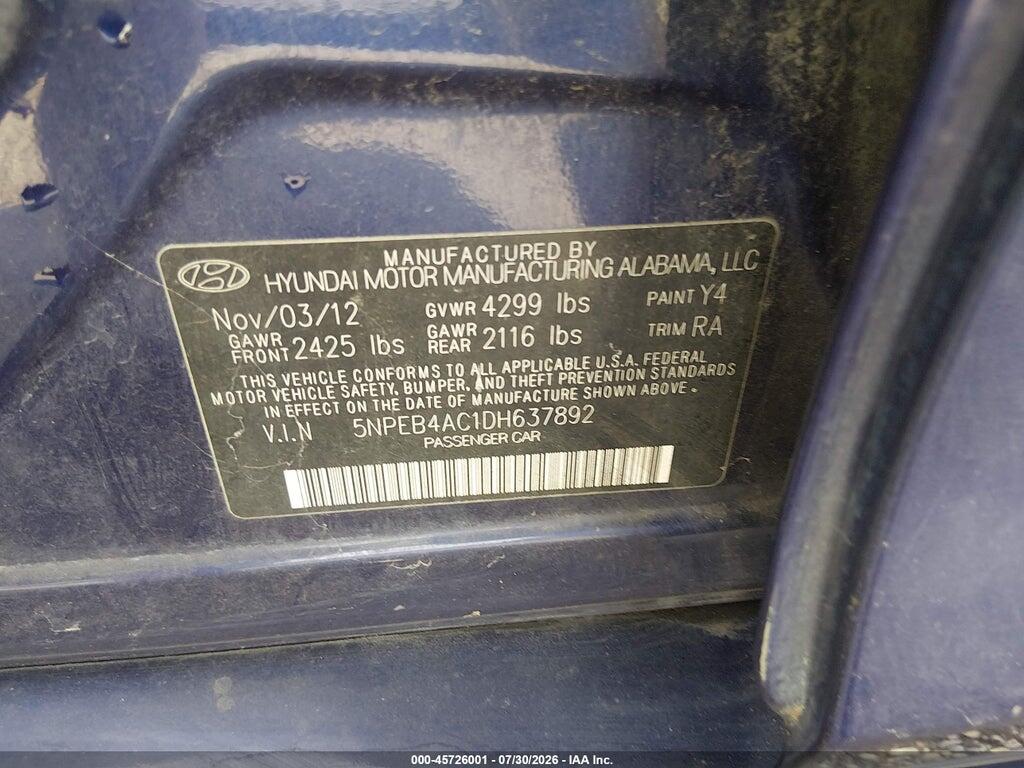 5NPEB4AC1DH637892 2013 HYUNDAI SONATA photo no. 9