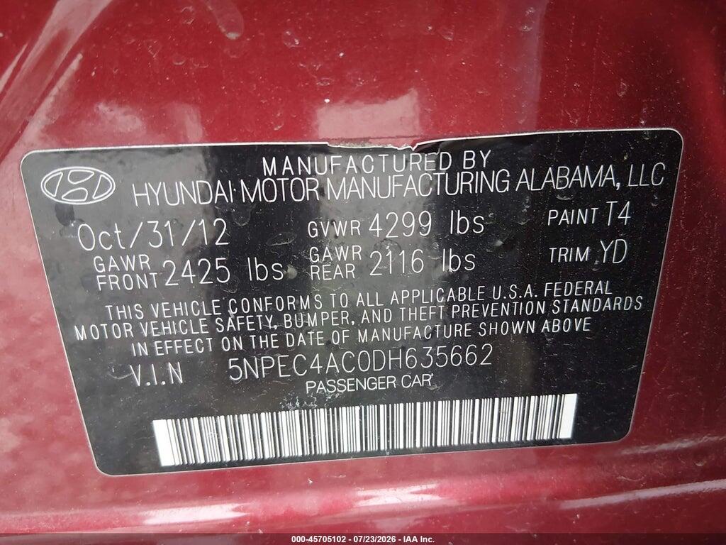 5NPEC4AC0DH635662 2013 HYUNDAI SONATA photo no. 9