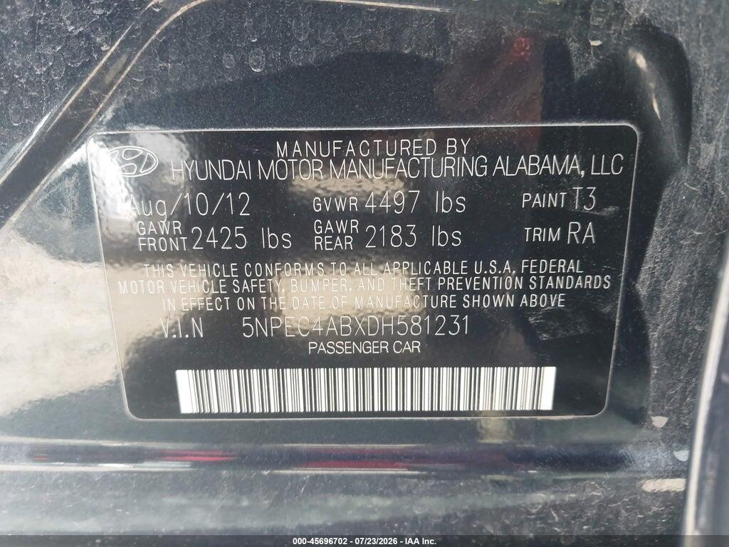 5NPEC4ABXDH581231 2013 HYUNDAI SONATA photo no. 9