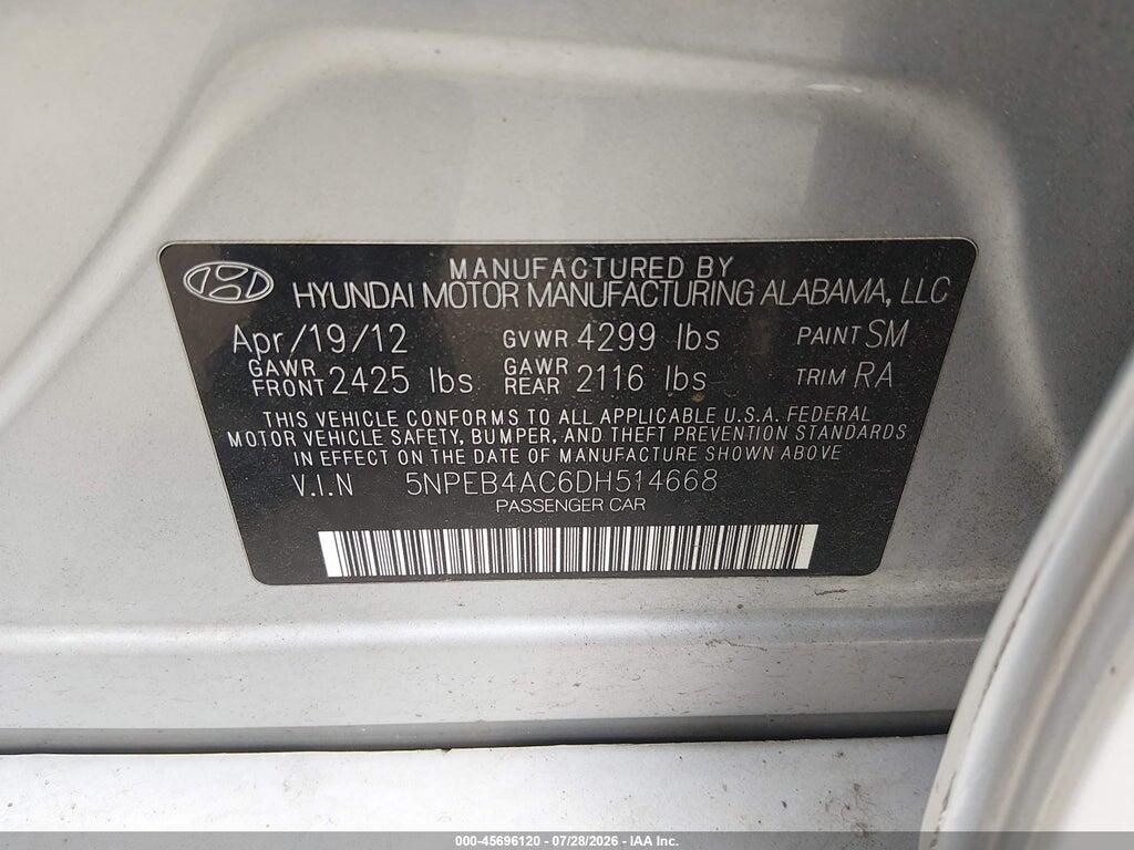 5NPEB4AC6DH514668 2013 HYUNDAI SONATA photo no. 9