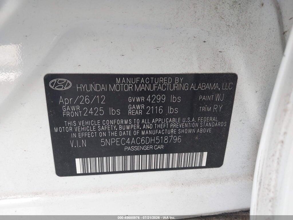 5NPEC4AC6DH518796 2013 HYUNDAI SONATA photo no. 9