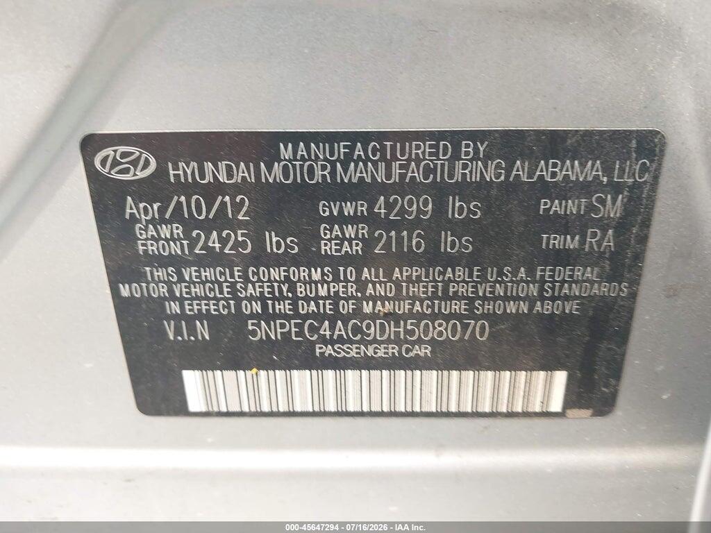 5NPEC4AC9DH508070 2013 HYUNDAI SONATA photo no. 9