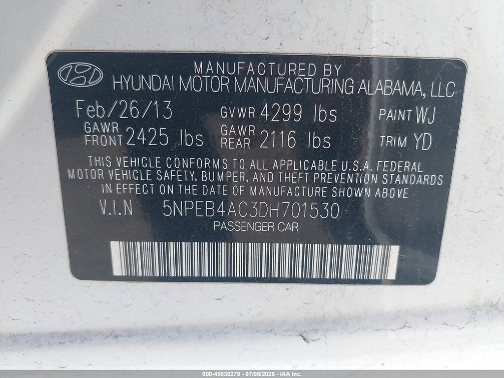 5NPEB4AC3DH701530 2013 HYUNDAI SONATA photo no. 9