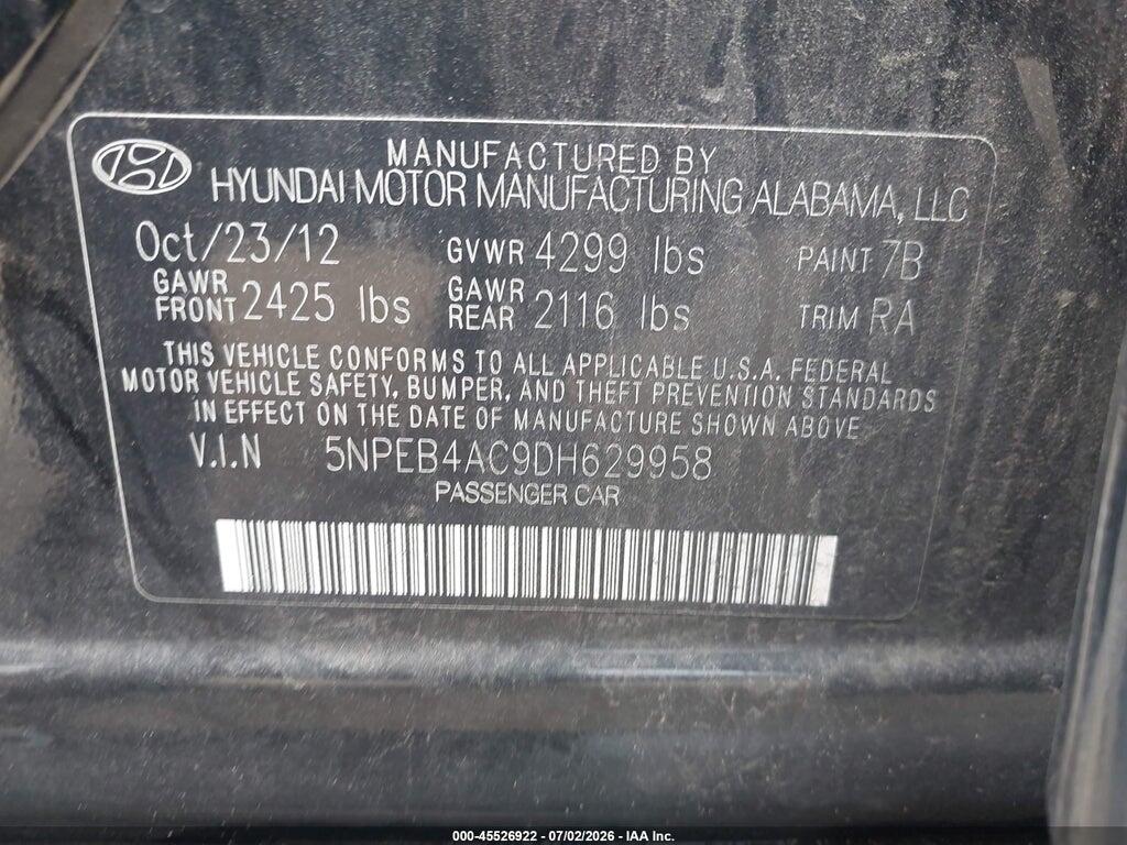 5NPEB4AC9DH629958 2013 HYUNDAI SONATA photo no. 9