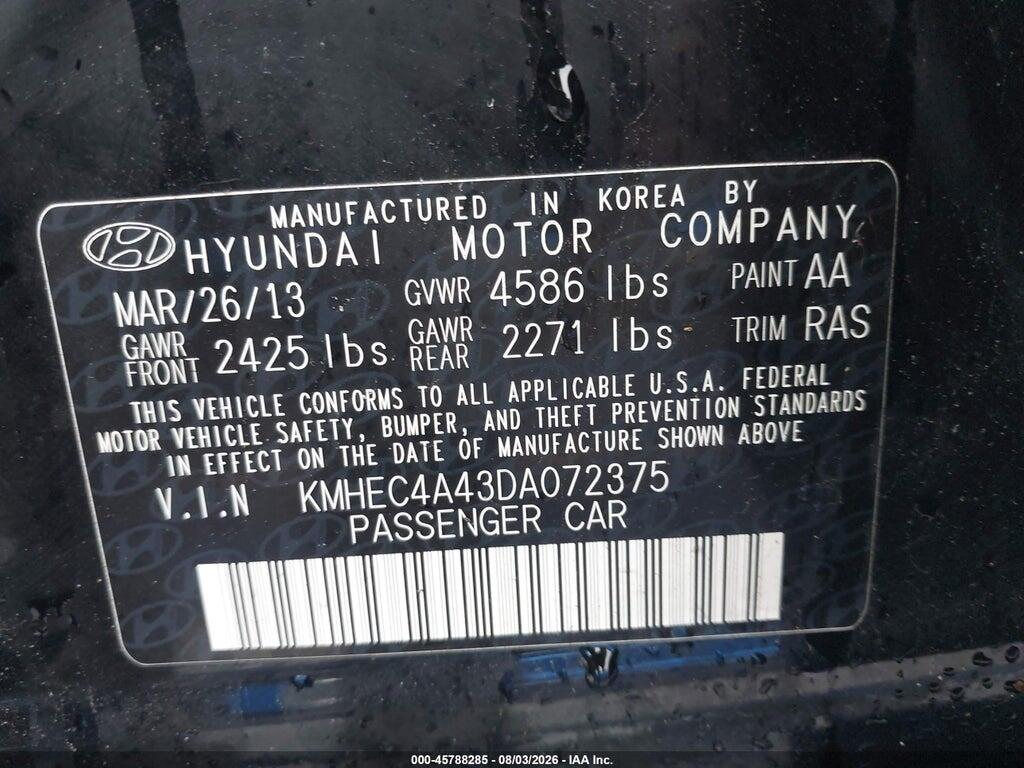 KMHEC4A43DA072375 2013 HYUNDAI SONATA HYBRID photo no. 9