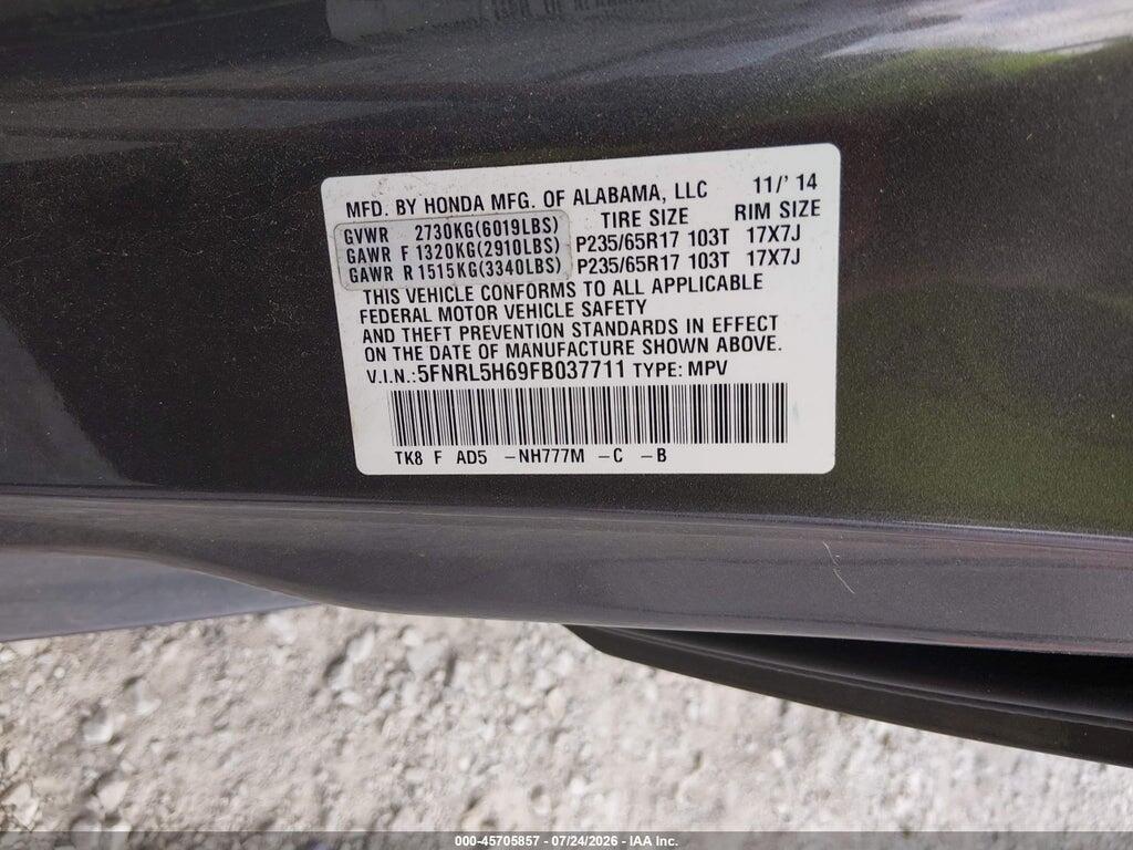 5FNRL5H69FB037711 2015 HONDA ODYSSEY photo no. 9
