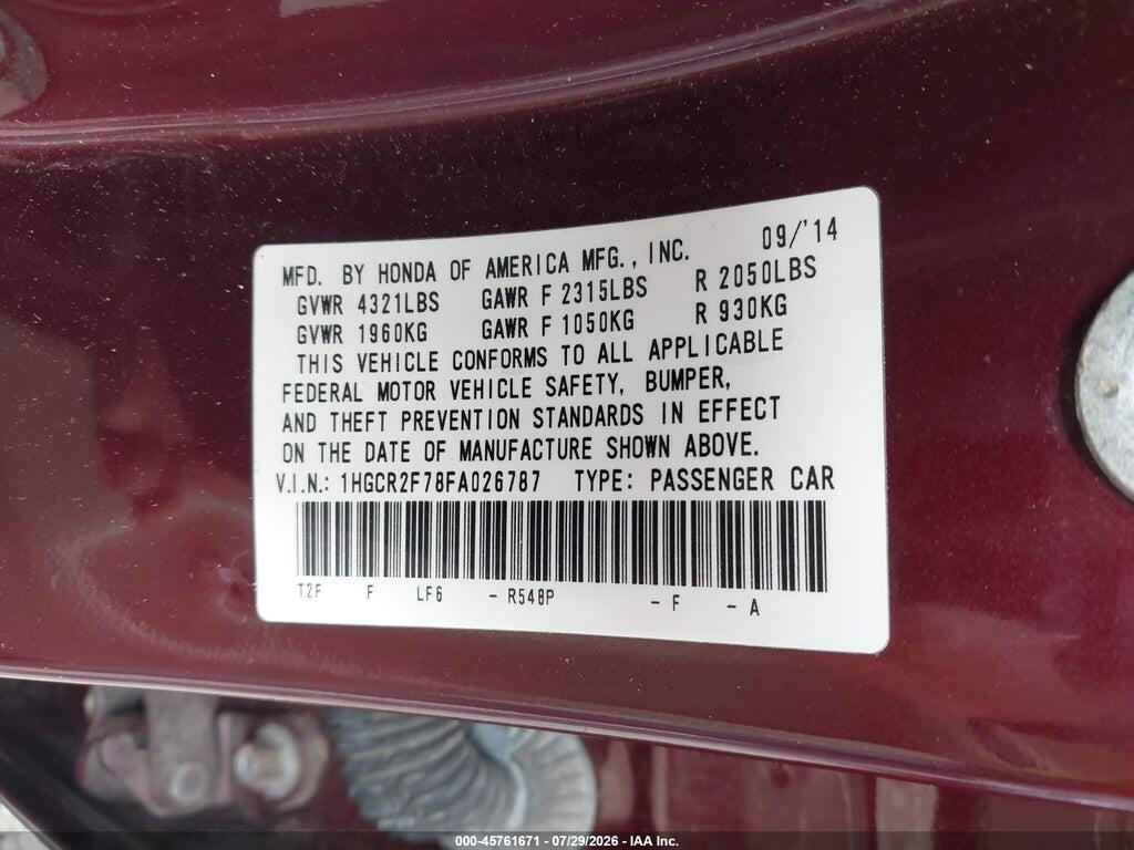 1HGCR2F78FA026787 2015 HONDA ACCORD photo no. 9