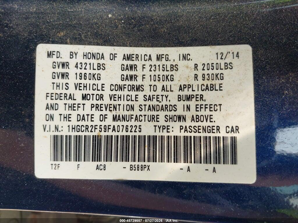 1HGCR2F59FA076225 2015 HONDA ACCORD photo no. 9