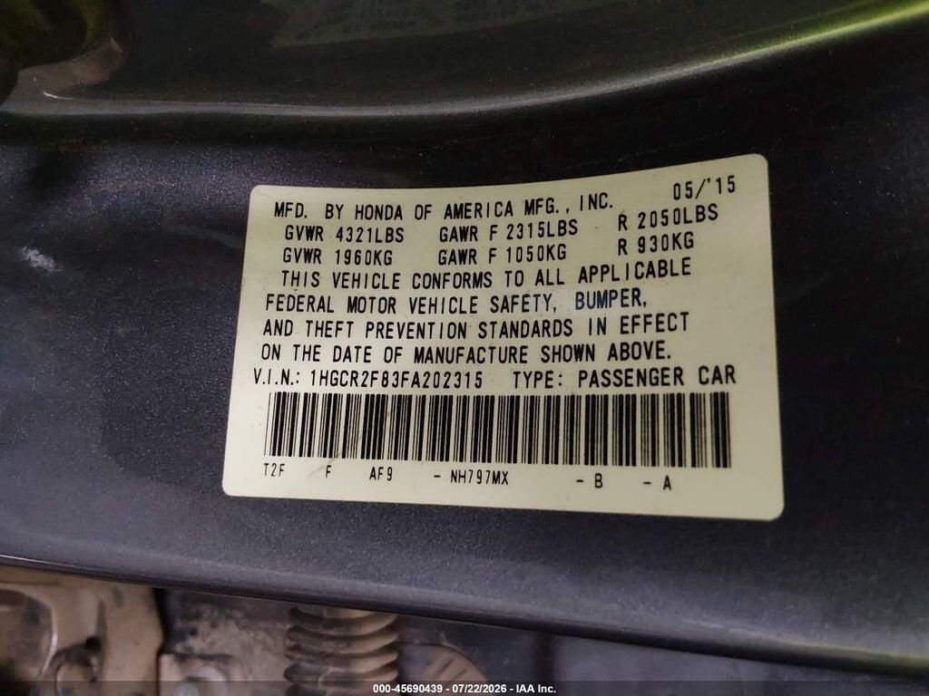 1HGCR2F83FA202315 2015 HONDA ACCORD photo no. 9