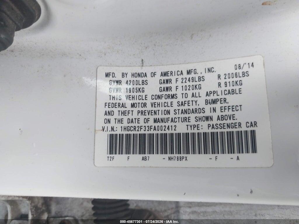 1HGCR2F33FA002412 2015 HONDA ACCORD photo no. 9