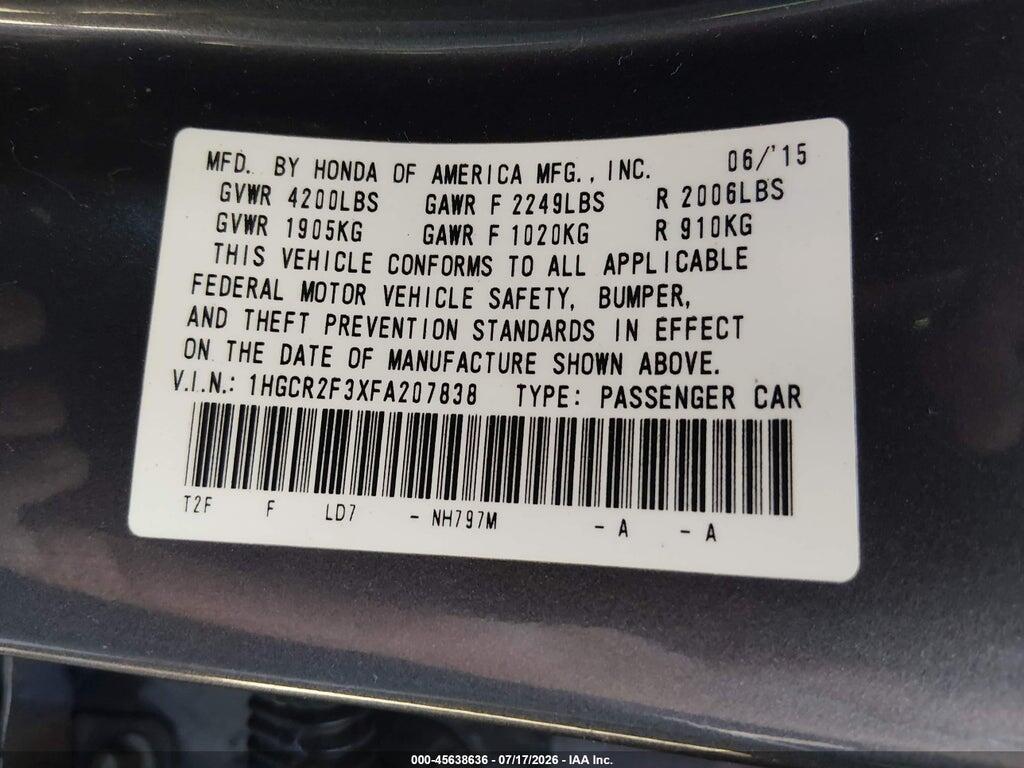 1HGCR2F3XFA207838 2015 HONDA ACCORD photo no. 9