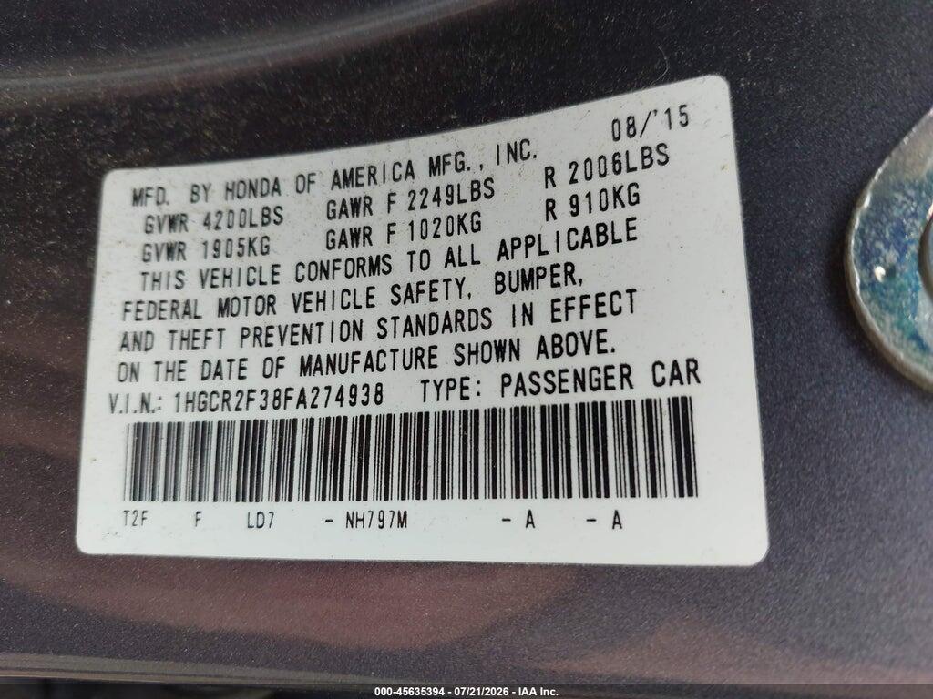 1HGCR2F38FA274938 2015 HONDA ACCORD photo no. 9