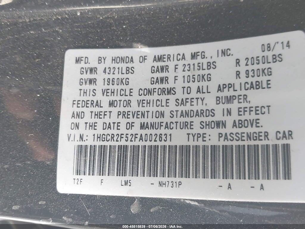 1HGCR2F52FA002631 2015 HONDA ACCORD photo no. 9