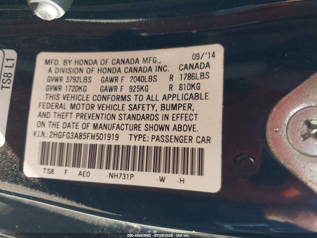 2HGFG3A85FH501919 2015 HONDA CIVIC photo no. 9