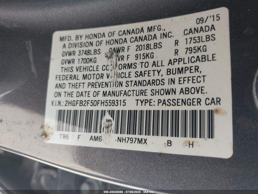 2HGFB2F50FH559315 2015 HONDA CIVIC photo no. 9
