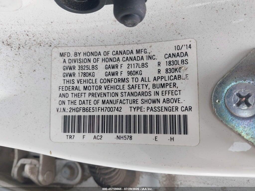 2HGFB6E51FH700742 2015 HONDA CIVIC photo no. 9