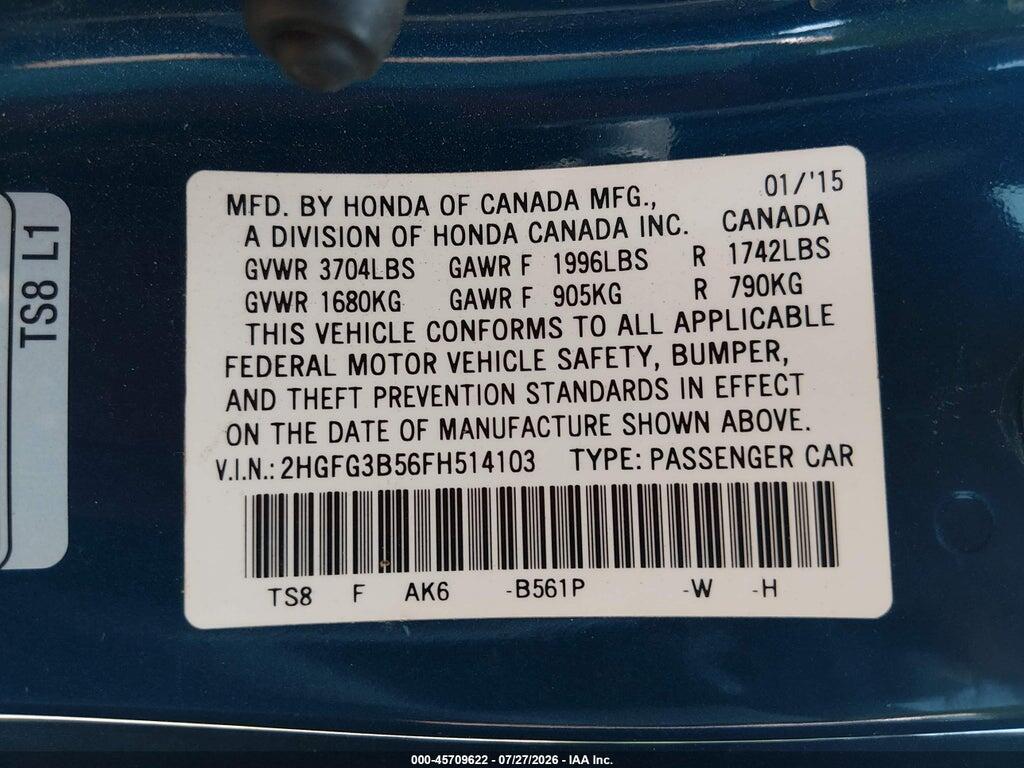 2HGFG3B56FH514103 2015 HONDA CIVIC photo no. 9