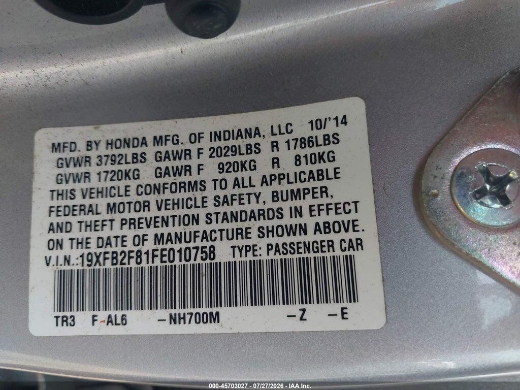 19XFB2F81FE010758 2015 HONDA CIVIC photo no. 9