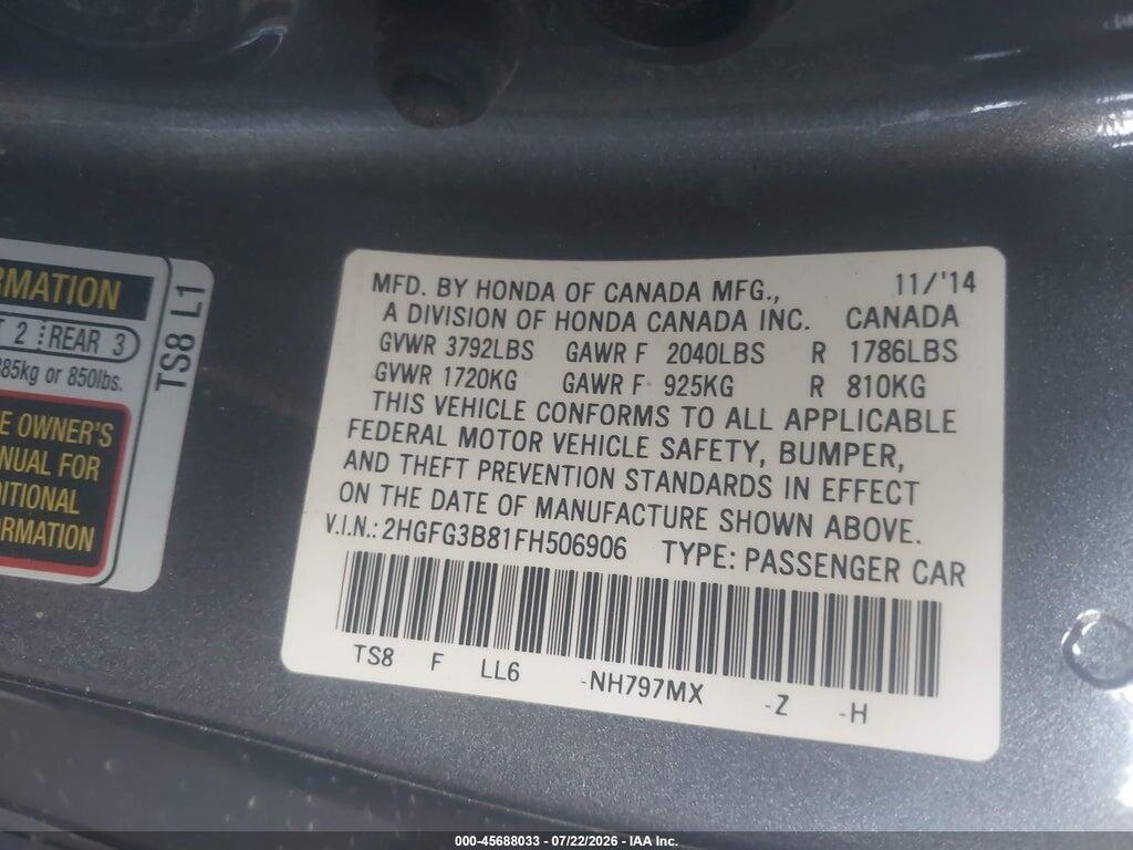 2HGFG3B81FH506906 2015 HONDA CIVIC photo no. 9