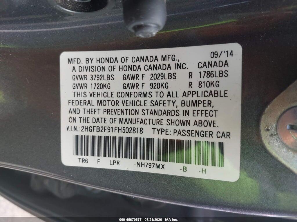 2HGFB2F91FH502818 2015 HONDA CIVIC photo no. 9