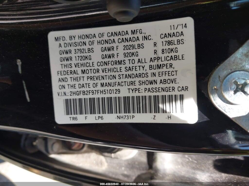 2HGFB2F97FH510129 2015 HONDA CIVIC photo no. 9