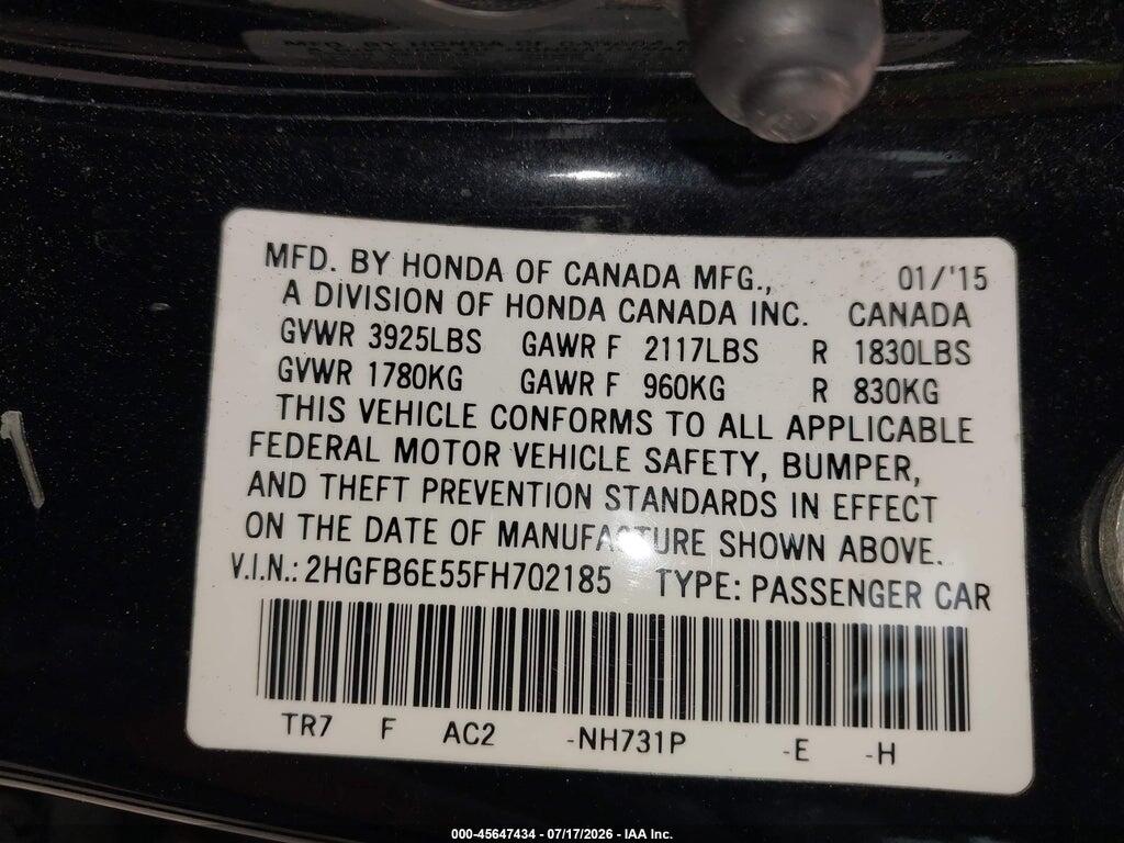 2HGFB6E55FH702185 2015 HONDA CIVIC photo no. 9