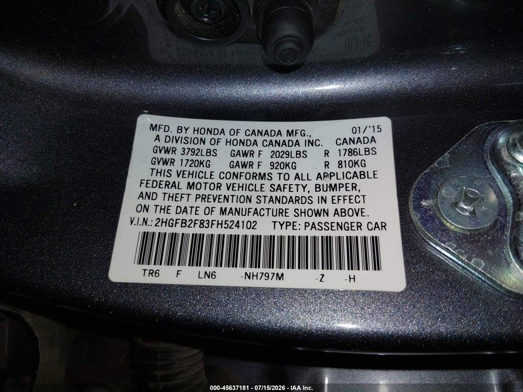 2HGFB2F83FH524102 2015 HONDA CIVIC photo no. 9