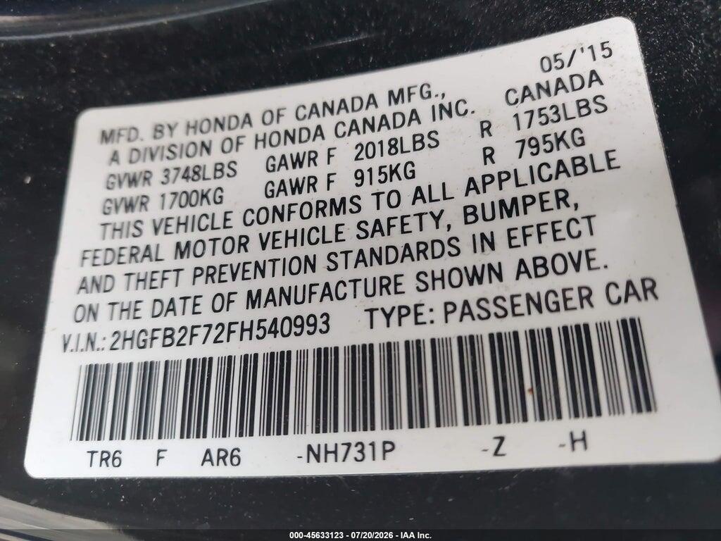 2HGFB2F72FH540993 2015 HONDA CIVIC photo no. 9