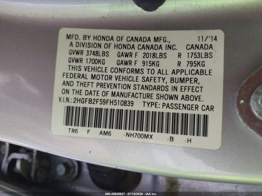 2HGFB2F59FH510839 2015 HONDA CIVIC photo no. 9