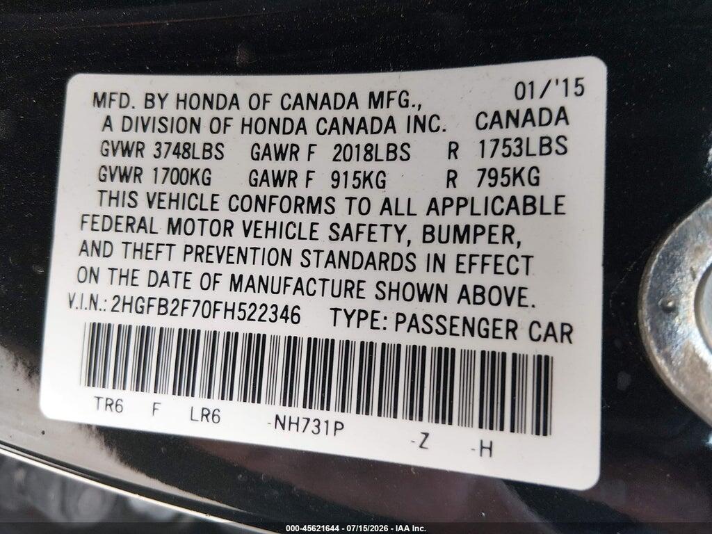 2HGFB2F70FH522346 2015 HONDA CIVIC photo no. 9