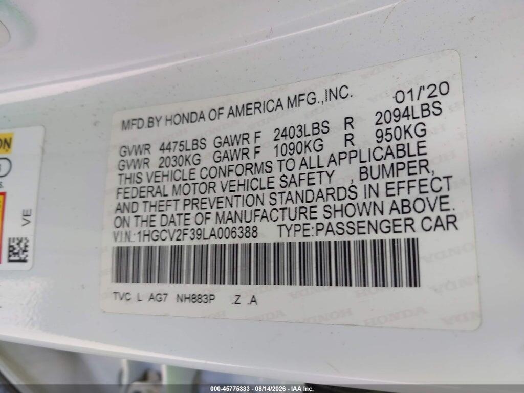 1HGCV2F39LA006388 2020 HONDA ACCORD photo no. 9