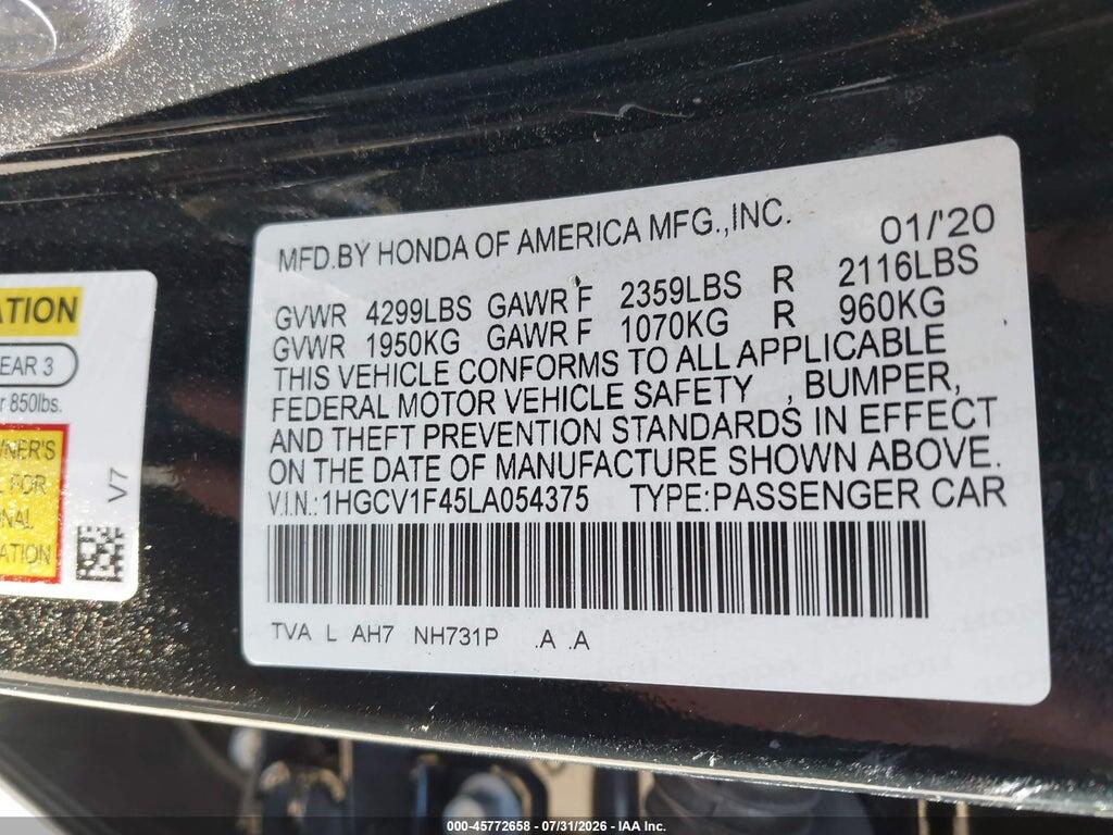1HGCV1F45LA054375 2020 HONDA ACCORD photo no. 9