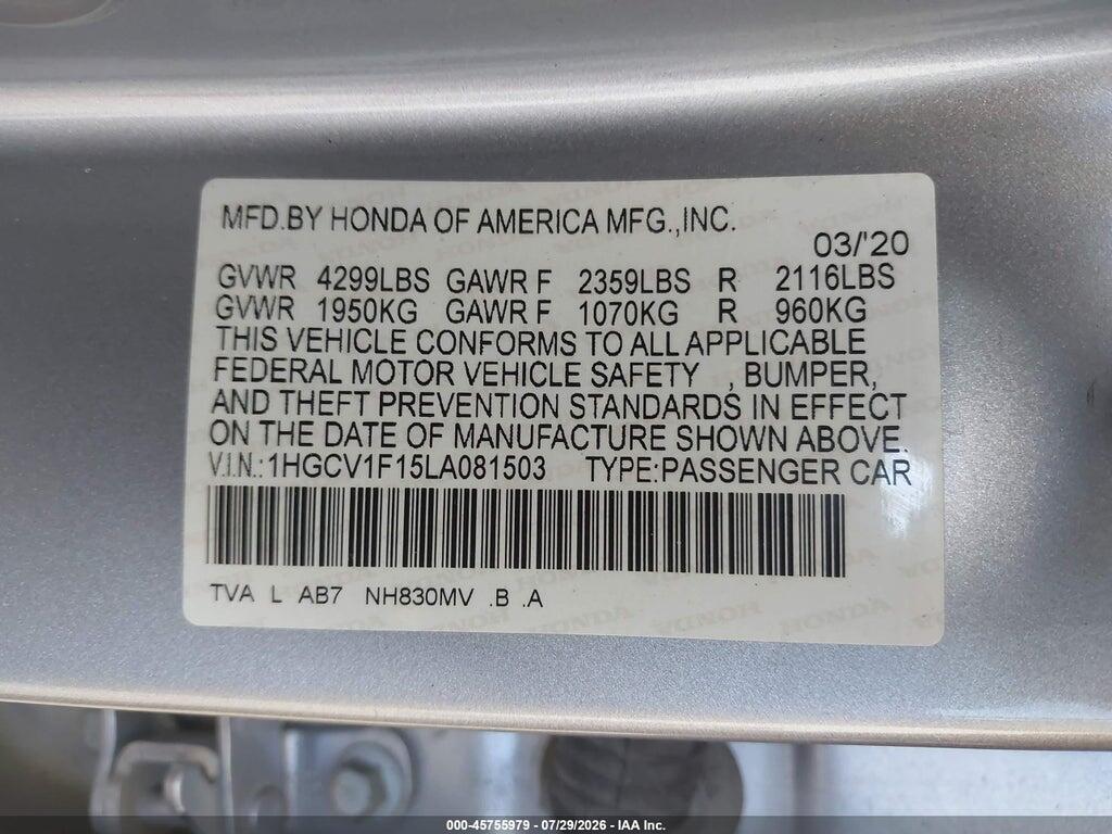 1HGCV1F15LA081503 2020 HONDA ACCORD photo no. 9