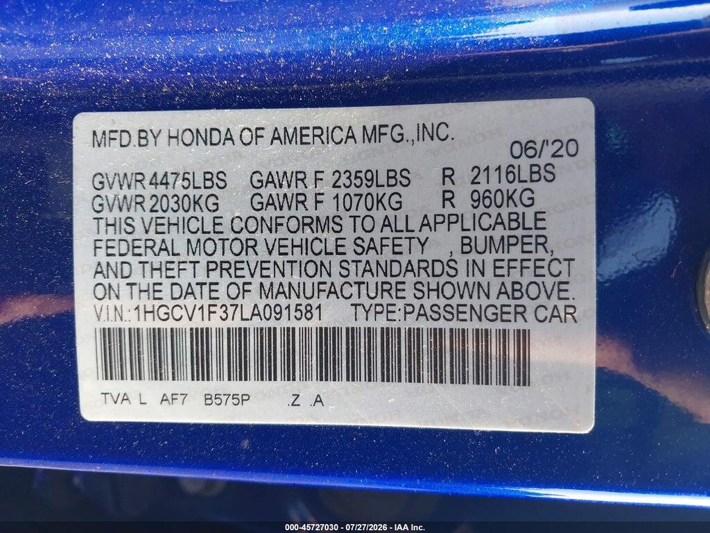 1HGCV1F37LA091581 2020 HONDA ACCORD photo no. 9