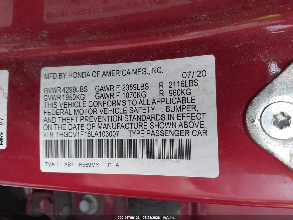 1HGCV1F16LA103007 2020 HONDA ACCORD photo no. 9