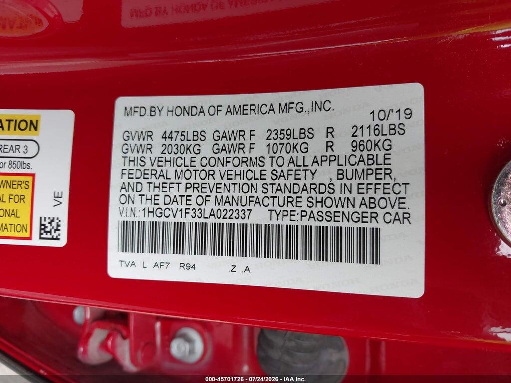 1HGCV1F33LA022337 2020 HONDA ACCORD photo no. 9