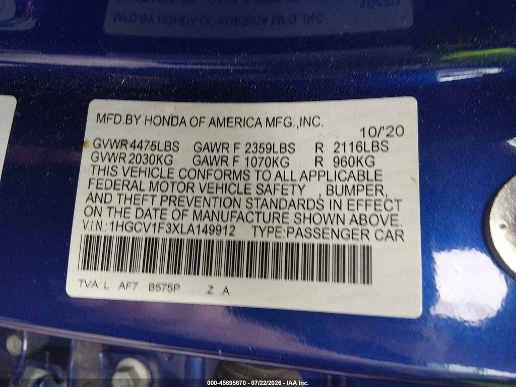 1HGCV1F3XLA149912 2020 HONDA ACCORD photo no. 9
