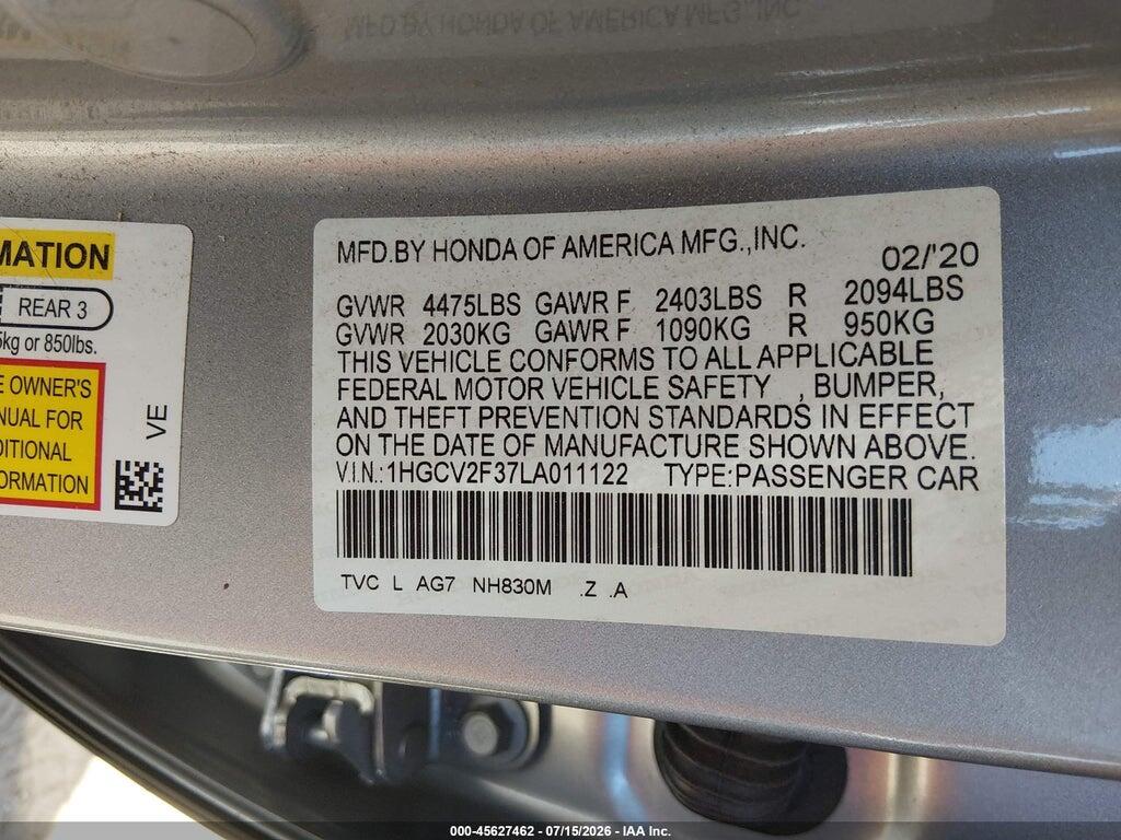 1HGCV2F37LA011122 2020 HONDA ACCORD photo no. 9