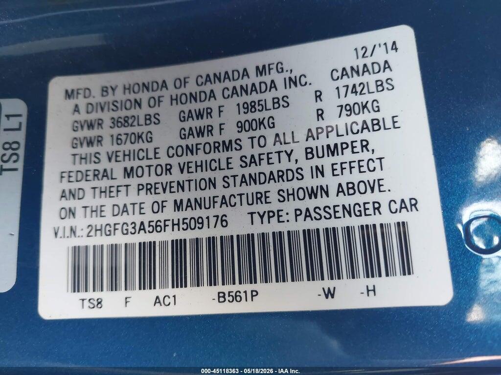 2HGFG3A56FH509176 2015 HONDA CIVIC photo no. 9