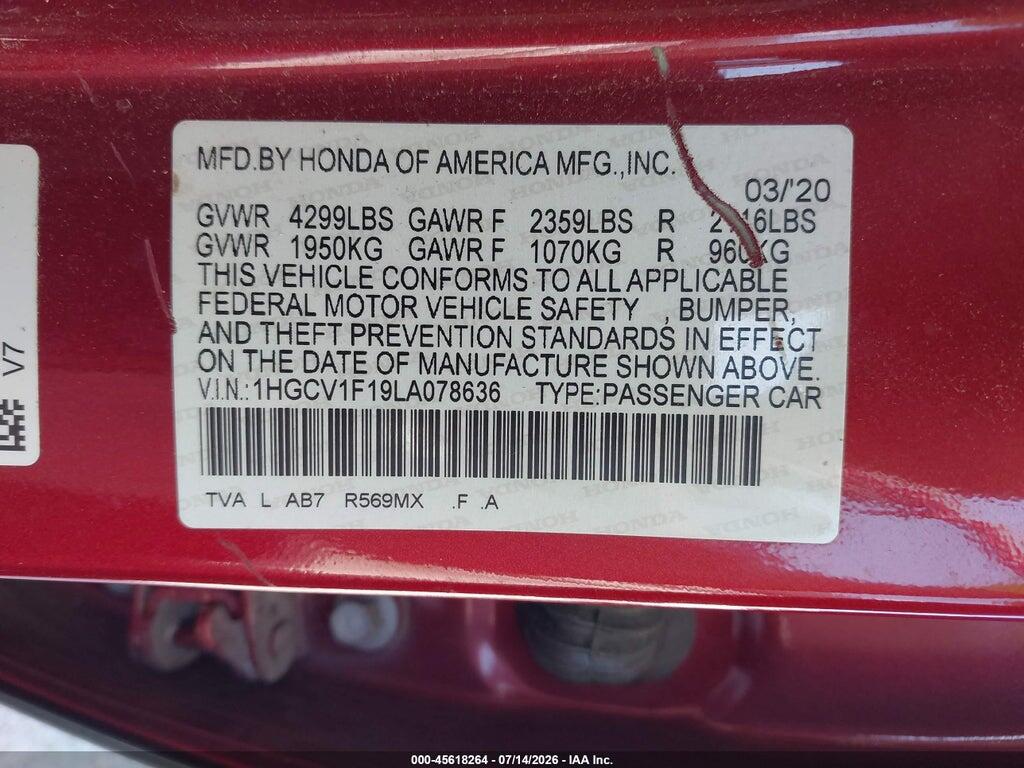 1HGCV1F19LA078636 2020 HONDA ACCORD photo no. 9