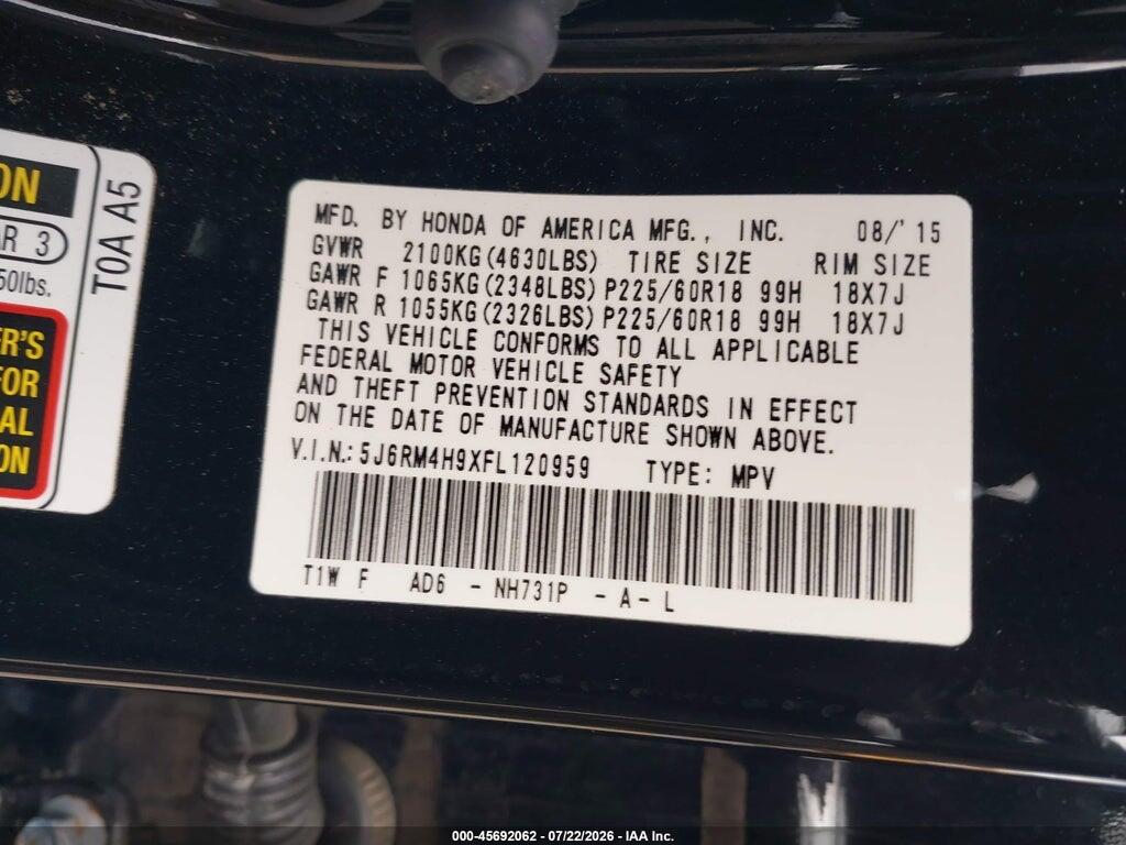 5J6RM4H9XFL120959 2015 HONDA CR-V photo no. 9
