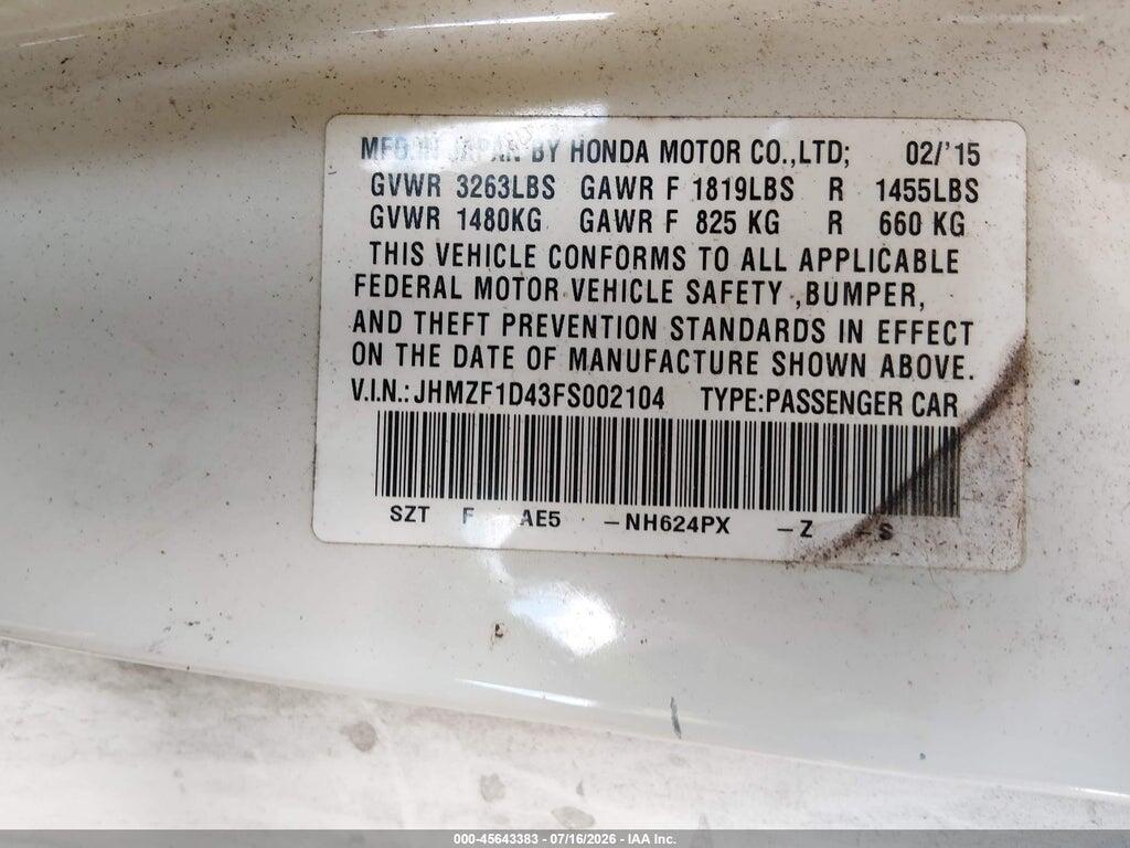 JHMZF1D43FS002104 2015 HONDA CR-Z photo no. 9