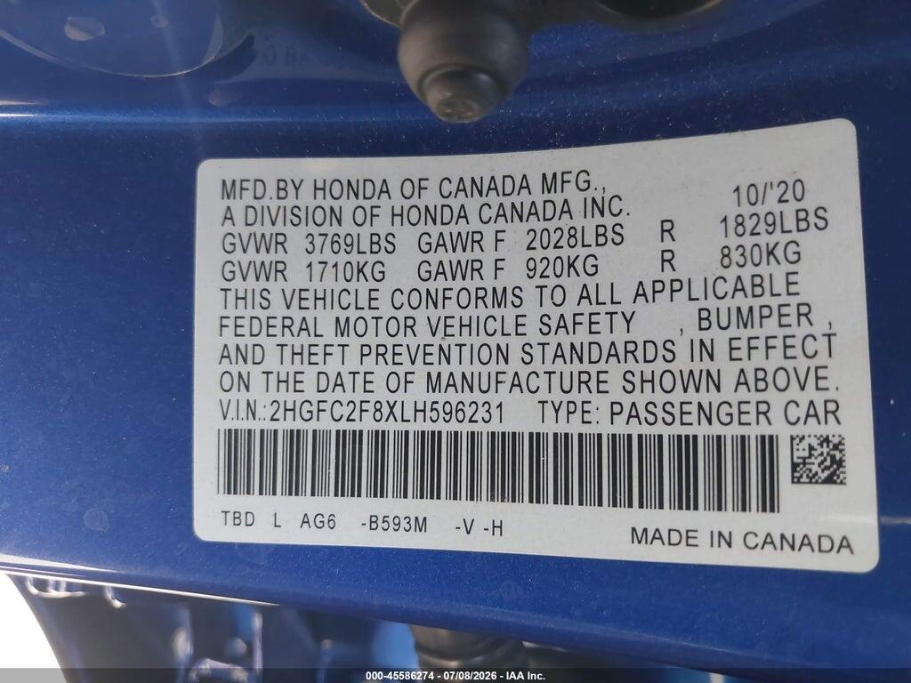 2HGFC2F8XLH596231 2020 HONDA CIVIC photo no. 9