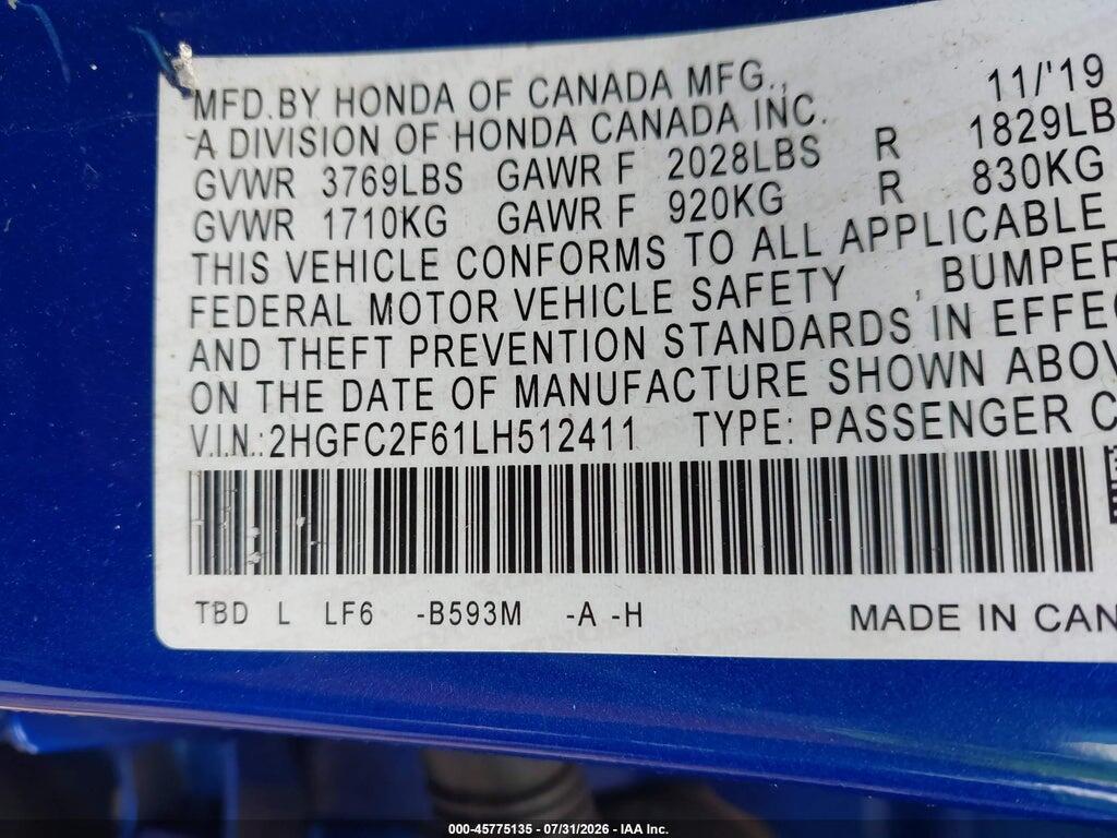 2HGFC2F61LH512411 2020 HONDA CIVIC photo no. 9