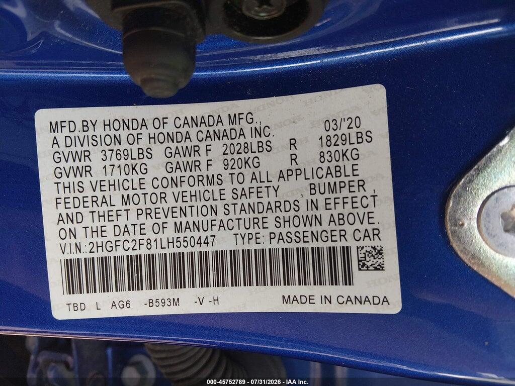 2HGFC2F81LH550447 2020 HONDA CIVIC photo no. 9